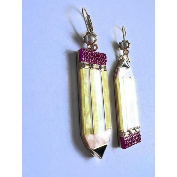 Betsey Johnson Gold Tone Back to School Pencil Mismatch Drop Earrings NWT - Picture 3 of 4